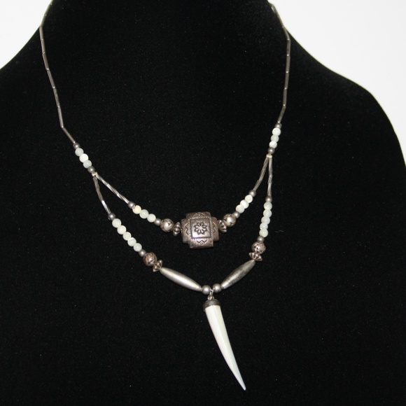 Vintage Jewelry - Vintage silver mother of pearl tooth necklace